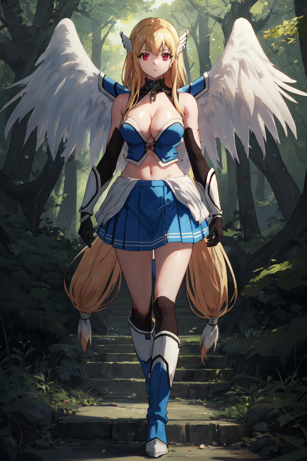 <lora:Astraea-000009:0.8>,Astraea CYQL,1girl,looking at viewer,solo,blonde hair,long hair,very long hair,low-tied long hair,red eyes,collar,chain,breasts,large breasts,cleavage,wings,angel wings,head wings,armor,bare shoulders,navel,midriff,skirt,boots,light_blush,upper_body,Dense trees intertwine to form a dark green canopy, where sunlight struggles to penetrate. Winding forest paths lead through, and occasional beams illuminate mushrooms and ferns,beautiful detailed sky,beautiful detailed glow,posing in front of a colorful and dynamic background,masterpiece,best quality,beautiful and aesthetic,contrapposto,female focus,wallpaper,