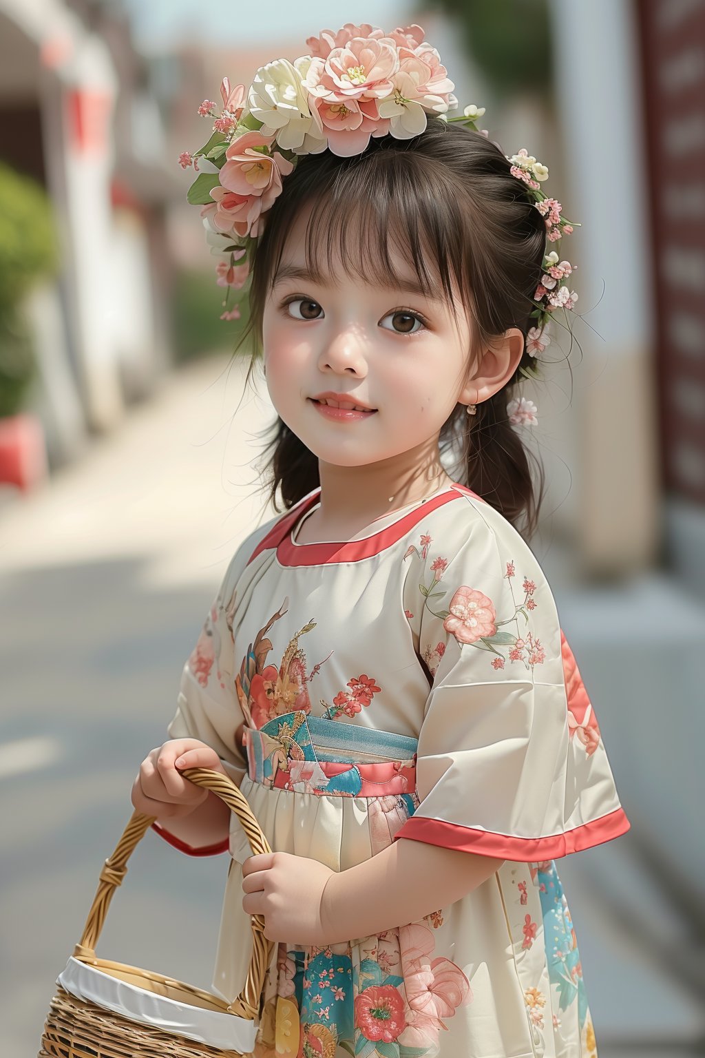 (masterpiece, top quality, best quality, official art, beautiful and aesthetic:1.2), 1girl, 3 year's old ,super cute,chibi face,solo, full body, street, basket,smile,very happy,super realistic,ultra detailed,<lora:儿童簪花-000005:0.8>,photography