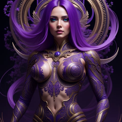 featuring a woman of South Asian or Indian descent. She is depicted in a fantastical, photorealistic style. The subject is a woman with an ethereal, dramatic makeup featuring shades of purple and gold. Her hair is a vibrant, with a pale, voluptuous woman with a striking, and flowing patterns of tattoos, photorealistic CGI rendering of a futuristic, showcasing a blend of human and cybernetic elements. She has piercing blue eyes, high-tech appearance. She has piercing, extending down to her buttocks.