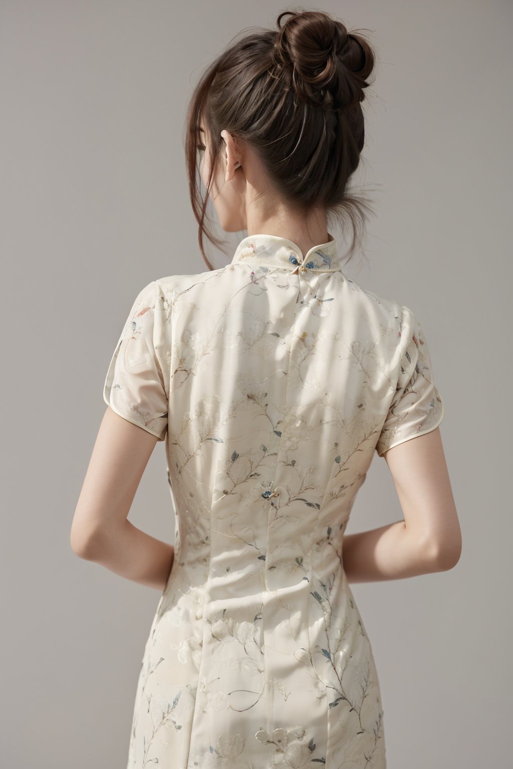 huge filesize,wallpaper,reality,realistic,best quality,1girl,solo,1girl,(simple_background:1.2),cheongsam dress,(double bun:1.2),from_back,from behind,<lora:cheongsam dress_20240918214855:0.8>,, huge filesize,wallpaper,reality,realistic,best quality,1girl,solo,