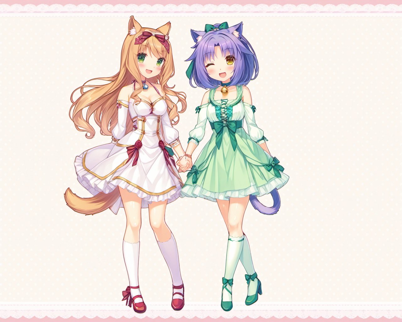 <lora:SDXL-Nekopara-Base-Lora-000002:0.75>,maple \(nekopara\),cinnamon \(nekopara\),multiple_girls, nekopara, , animal_ears, 2girls, dress, cat_ears, tail, cat_tail, high_heels, one_eye_closed, smile, green_eyes, yellow_eyes, long_hair, open_mouth, green_dress, bell, purple_hair, bow, ribbon, holding_hands, cat_girl, neck_bell, shoes, blonde_hair, interlocked_fingers, bare_shoulders, looking_at_viewer, breasts, jingle_bell, choker, collar, hair_bow, socks, ponytail, blush, hair_ribbon, kneehighs, :d, full_body, detached_sleeves, cleavage, white_dress, standing, tail_ornament, slit_pupils, green_footwear, hair_ornament, flower