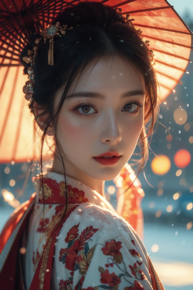 Warm Snow,1girl,solo,umbrella,oil-paper umbrella,blurry,looking at viewer,hair ornament,red lips,upper body,black hair,chinese clothes,depth of field,lips,blurry background,realistic,bokeh,makeup,lipstick,best quality,masterpiece,illustration,an extremely delicate and beautiful,CG,unity,8k wallpaper,Amazing,finely detail,masterpiece,official art,extremely detailed CG unity 8k wallpaper,incredibly absurdres,huge filesze,ultra-detailed,highres,extremely detailed,beautiful detailed girl,realistic,<lora:Warm Snow:0.8>,