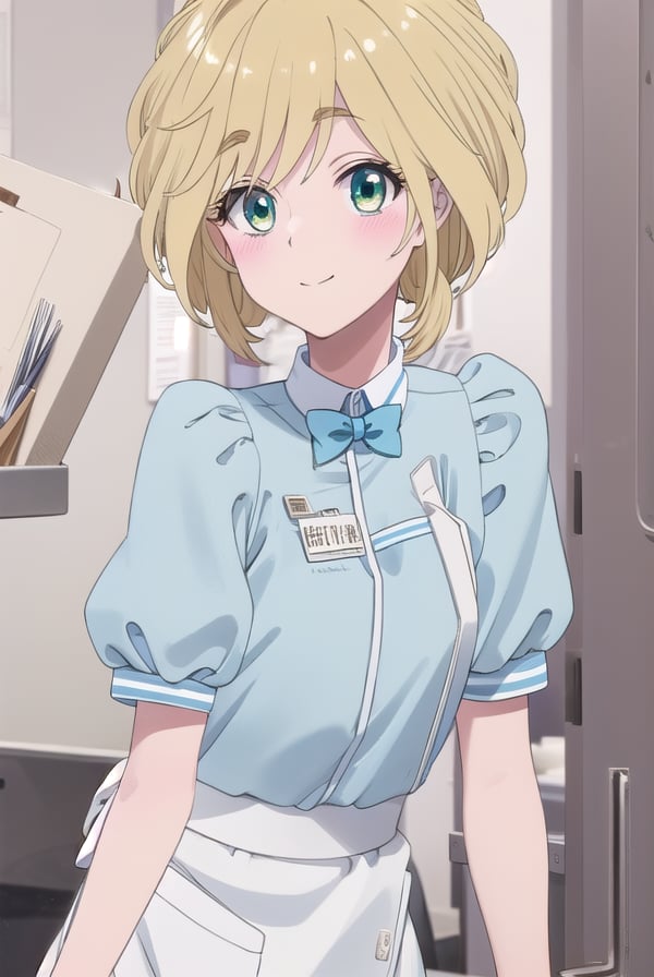 yuinishida, <lora:yui nishida s1-lora-nochekaiser:1>,yui nishida, short hair, blonde hair, (green eyes:1.3), ahoge, blush, blush sticker, smile,BREAK shirt, bow, short sleeves, puffy sleeves, apron, blue shirt, name tag, waitress,BREAK indoors, restaurant,BREAK looking at viewer, (cowboy shot:1.5),BREAK <lyco:GoodHands-beta2:1>, (masterpiece:1.2), best quality, high resolution, unity 8k wallpaper, (illustration:0.8), (beautiful detailed eyes:1.6), extremely detailed face, perfect lighting, extremely detailed CG, (perfect hands, perfect anatomy),