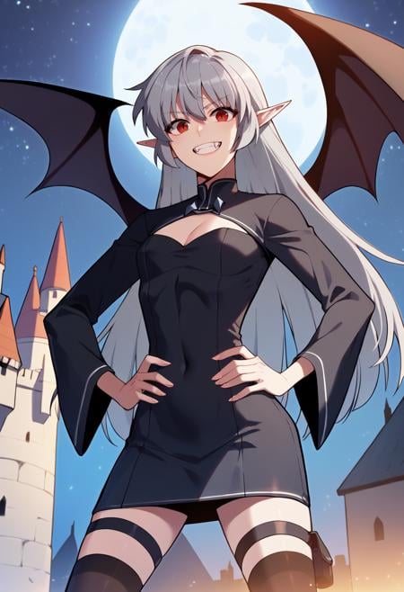 score_9, score_8_up, score_7_up,<lora:SoloMaxLevelNewbie_AliceXL:0.8>, AliceSMLN,1girl, solo, open mouth, grin,grey hair, long hair, red eyes, pointy ears,AliceVamp, black dress, long sleeves, cleavage cutout, thigh strap, black thighhighs, bat wings,standing, looking at the viewer, (facing viewer:1.2), hands on own hips,outdoors, dark, (night:1.2), moon, starry sky, castle, (dark:1.3)