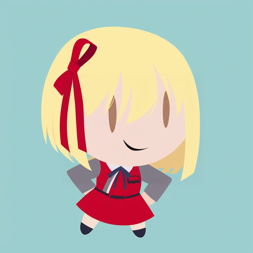 simple background, flat color, no lineart, chibi, solo, 1girl, nishikigi chisato, smile, bob cut, hair ribbon, lycoris uniform, two-tone dress, red dress, grey dress, neck ribbon, long sleeves <lora:style_helltakerchibi_xl-000005:1> <lora:lycorisrecoil_nishikigi_xl:1>