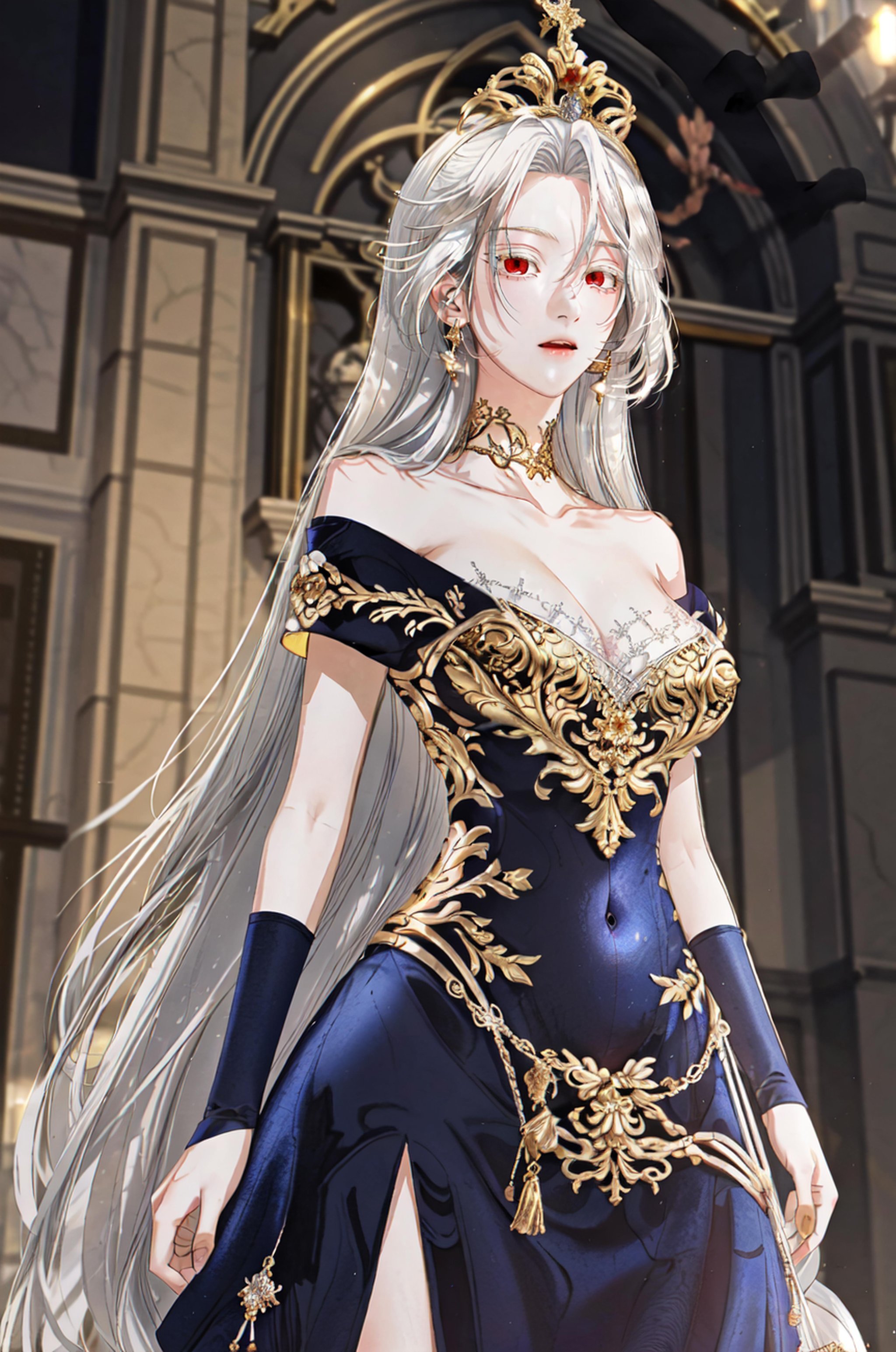 masterpiece, (best quality), 1girl , white hair, Raviel, red eyes, <lora:RavielIvansia:0.8>, silver dress, perfect proportions, cowboy shot, prom dress, gold, gold jewelry, golden crown, god