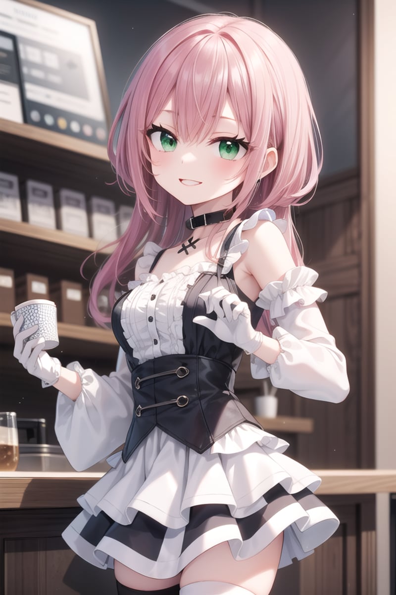 <lora:talkmouth_I_type2_v100:1>insanely detailed, absurdres, ultra-highres, ultra-detailed, best quality,1girl, solo, nice hands, perfect handsBREAK(a checkered clothes:2.0), (a checkered idol clothes:1.6), (short frill sleeve:1.3), (layered skirt,multilayer-skirt:1.6), (white thigh-high socks:1.4), (white choker,white glove with frill:1.3)BREAK(nsfw:-1.5)BREAKsmile, open mouthBREAK,standing, cowboy shot, looking at viewerBREAKslender, kawaii, perfect symmetrical face, ultra cute girl, ultra cute face, ultra detailed eyes, ultra detailed hair, ultra cute, ultra beautifulBREAKin coffee shop, depth of field, ultra detailed backgroundBREAKmedium breastsBREAKred hair, green eyes, long hair, 