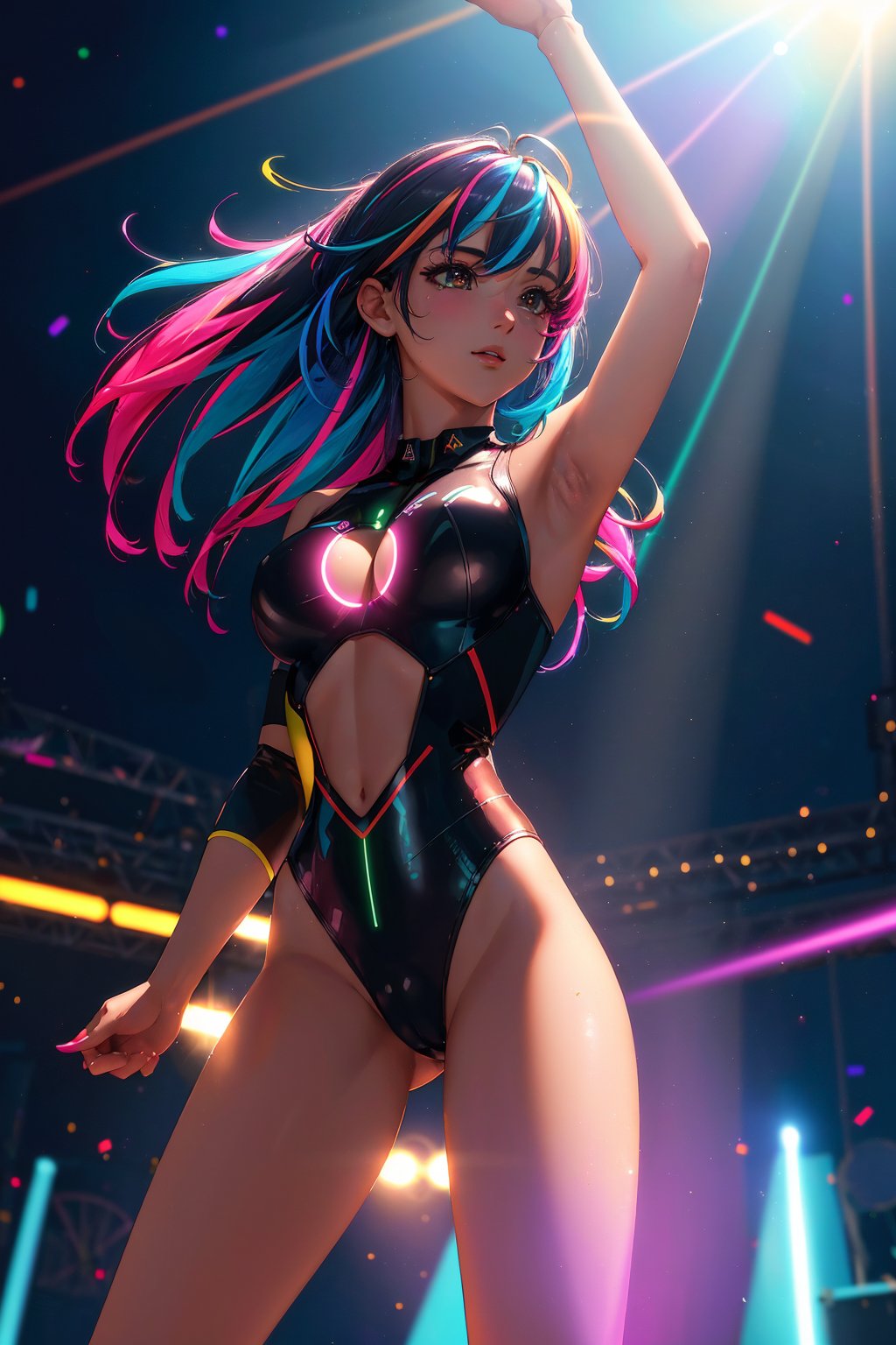 1girl, rave festival, night, light rays, edc, rave, highres, lens flare, led, masterpiece, cinematic lighting, perfect skin, long vivid colorful hair, toned, cameltoe, breast focus, legs focus, dark, rim lighting, two tone lighting, dimly lit, low key, ,<lora:epi_noiseoffset2:1>