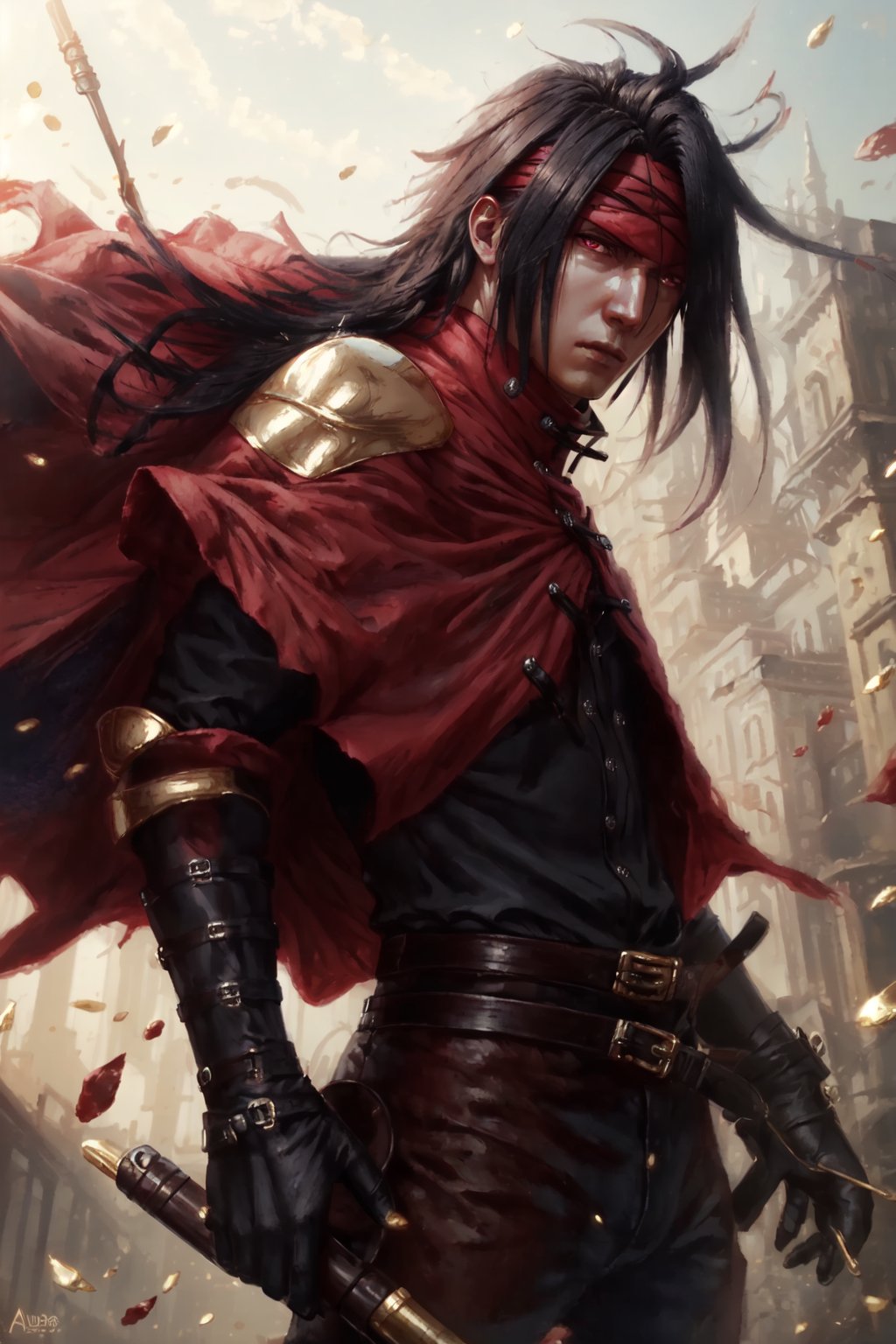 best quality, masterpiece, photo realistic, absurdres, 1boy,  <lora:VincentValentineV1:0.9>,  long black hair, red eyes, red cloak, red headband, gold claw, cowboy shot