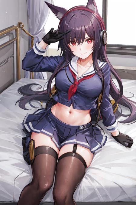 1girl, school uniform, solo, smile, animal ears, red eyes, black gloves, navel, bed, indoor,<lora:ashigara:0.6>