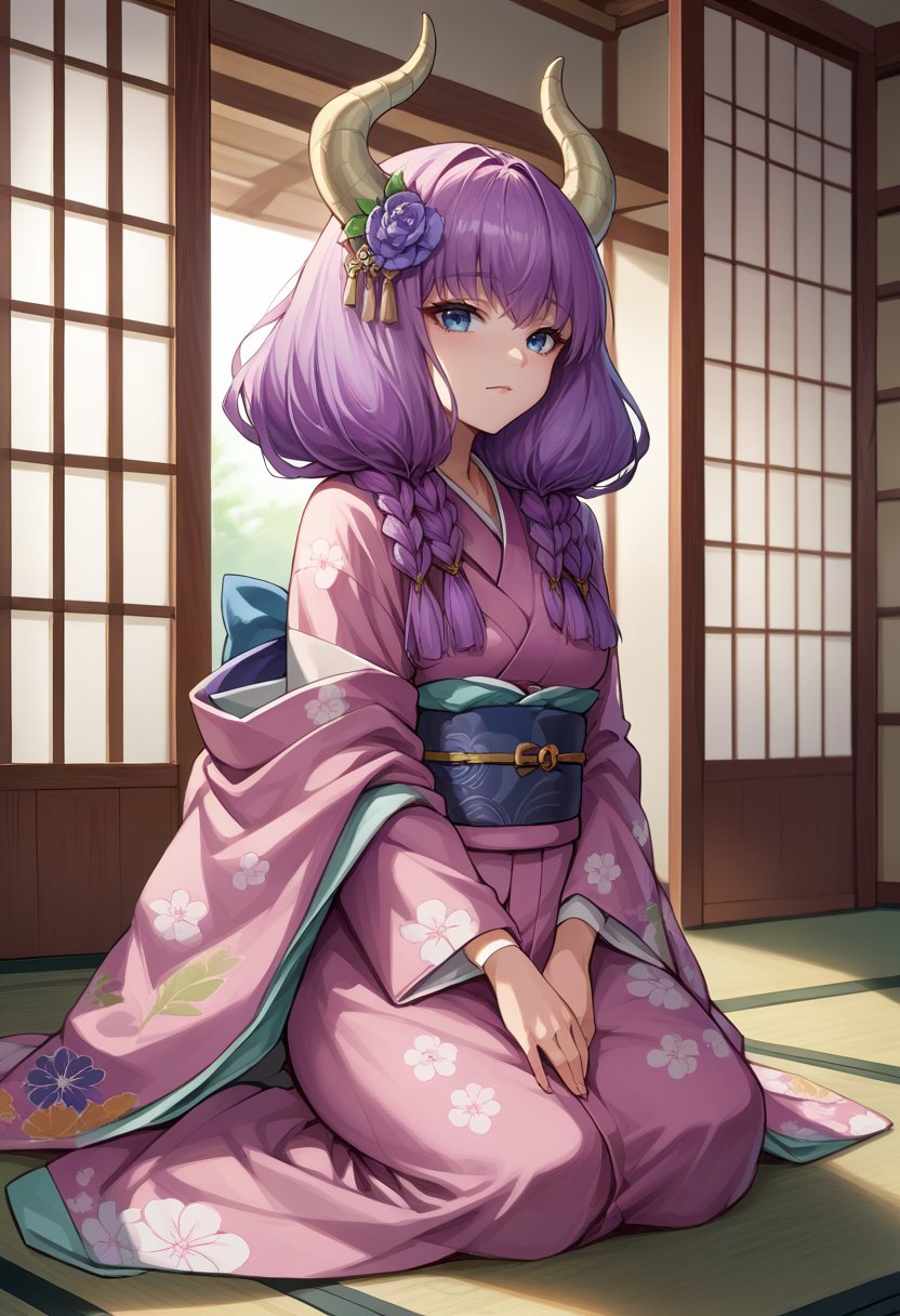 score_9, score_8_up, source_anime, 1girl, solo, AuraFrieren, purple hair, blue eyes, horns, long hair, twin braids, indoors, kimono, hair flower, floral print, wariza, kneeling, <lora:ChamAuraPonyXL:1>