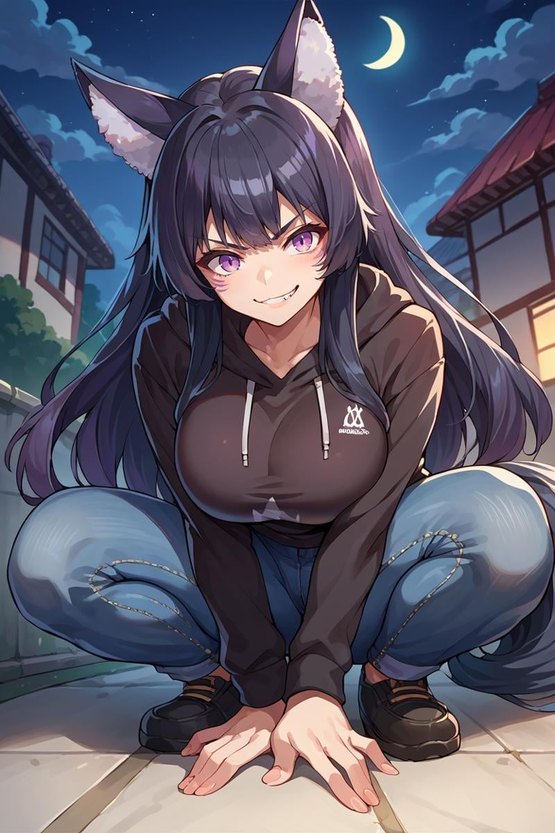 score_9, score_8_up, score_7_up, score_6_up, source_anime, 1girl, solo,  <lora:delta-pdxl-nvwls-v1-000005:1> delta, black hair, long hair, facial mark, wolf ears, tail, smirk, black hoodie, squatting, jeans, looking at you, big breasts, night, rooftop