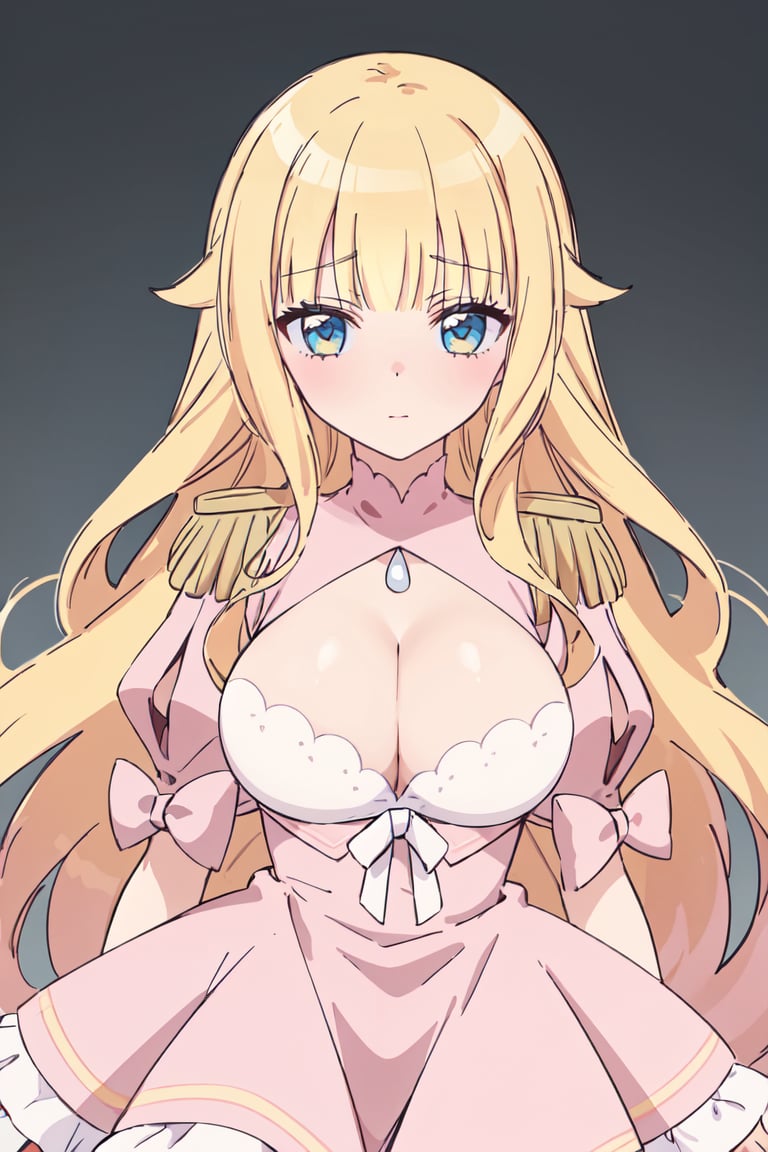 masterpiece, best quality, ultra-detailed, glistening shiny, glowing light, ray tracing, HDR, deph of field, (perfect face, detailed face),  <lora:Beelzebub_jou:0.7>, beelzebubjou, very long hair, hair flaps, large breasts, pink dress, frilled dress, epaulettes, cleavage cutout, puffy short sleeves, wrist cuffs, white thighhighs