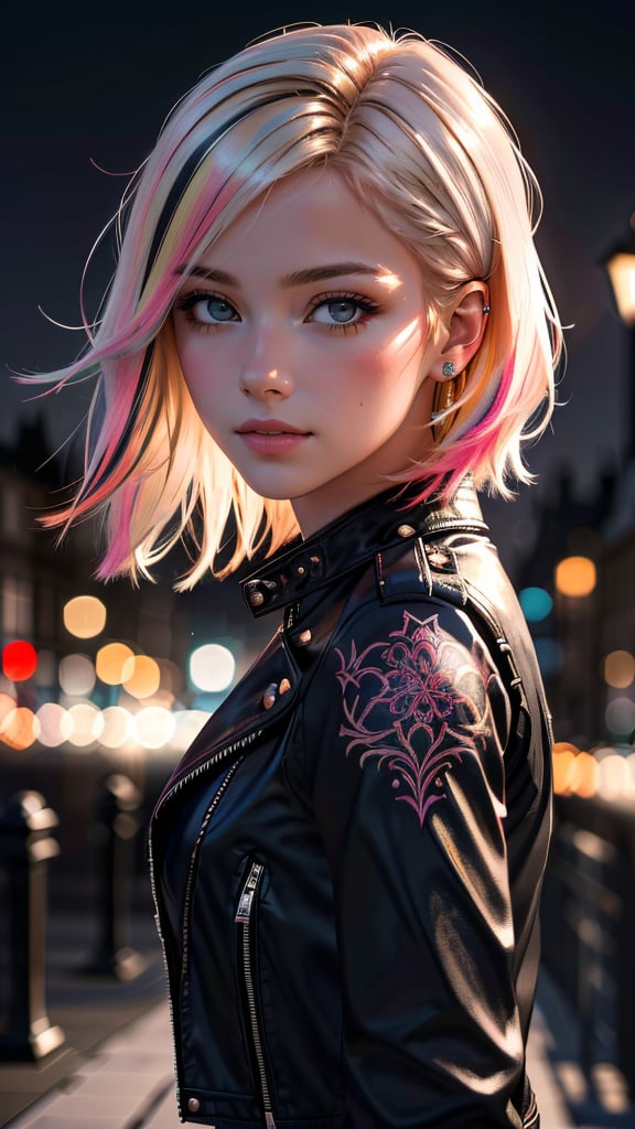 (masterpiece, best quality, highres:1.2), (photorealistic:1.2), raw portrait photo of Punk Girl, very short multicolored hair, in high detailed textured (black leather jacket), piercing, small tattoo, (most iconic photo), (intricate details), (dynamic angle), (London night), (light smile:0.3)