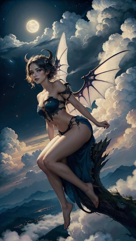 ((best quality)), ((masterpiece)), (detailed), alluring succubus, ethereal beauty, perched on a cloud, (fantasy illustration:1.3), enchanting gaze, captivating pose, delicate wings, otherworldly charm, mystical sky, (Luis Royo:1.2), (Yoshitaka Amano:1.1), moonlit night, soft colors, (detailed cloudscape:1.3), (high-resolution:1.2)