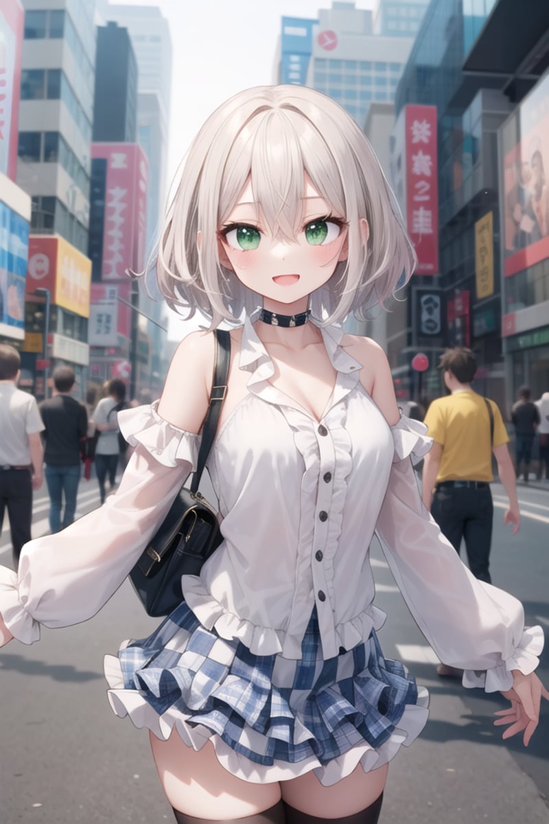 <lora:talkmouth_A_type2_v100:1>insanely detailed, absurdres, ultra-highres, ultra-detailed, best quality,1girl, solo, nice hands, perfect handsBREAK(a checkered clothes:2.0), (a checkered idol clothes:1.6), (short frill sleeve:1.3), (layered skirt,multilayer-skirt:1.6), (white thigh-high socks:1.4), (white choker,white glove with frill:1.3)BREAK(nsfw:-1.5)BREAKsmile, open mouthBREAKfrom below,standing, cowboy shot, looking at viewerBREAKslender, kawaii, perfect symmetrical face, ultra cute girl, ultra cute face, ultra detailed eyes, ultra detailed hair, ultra cute, ultra beautifulBREAKin street, cityscape in akihabara, depth of field, ultra detailed backgroundBREAKmedium large breastsBREAKgrey hair, green eyes, messy hair, hair between eyes