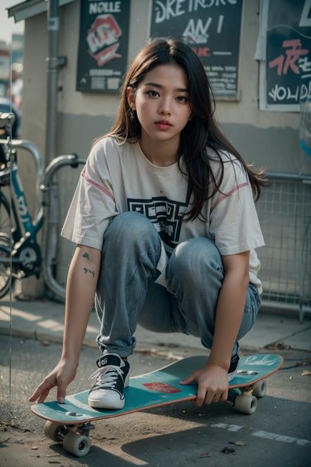 (realistic:1.3) , finely detailed, quality, (masterpiece:1.2) , (photorealistic:1.2) , (best quality) , (detailed skin:1.3) , (intricate details) , ray tracing, dramatic, 1 girl, (cute korean Ethereal Female), (film grain:1.2), Skate park, Skateboard ramps, Graffiti, Half-pipe, Rails, Skaters, Bikes