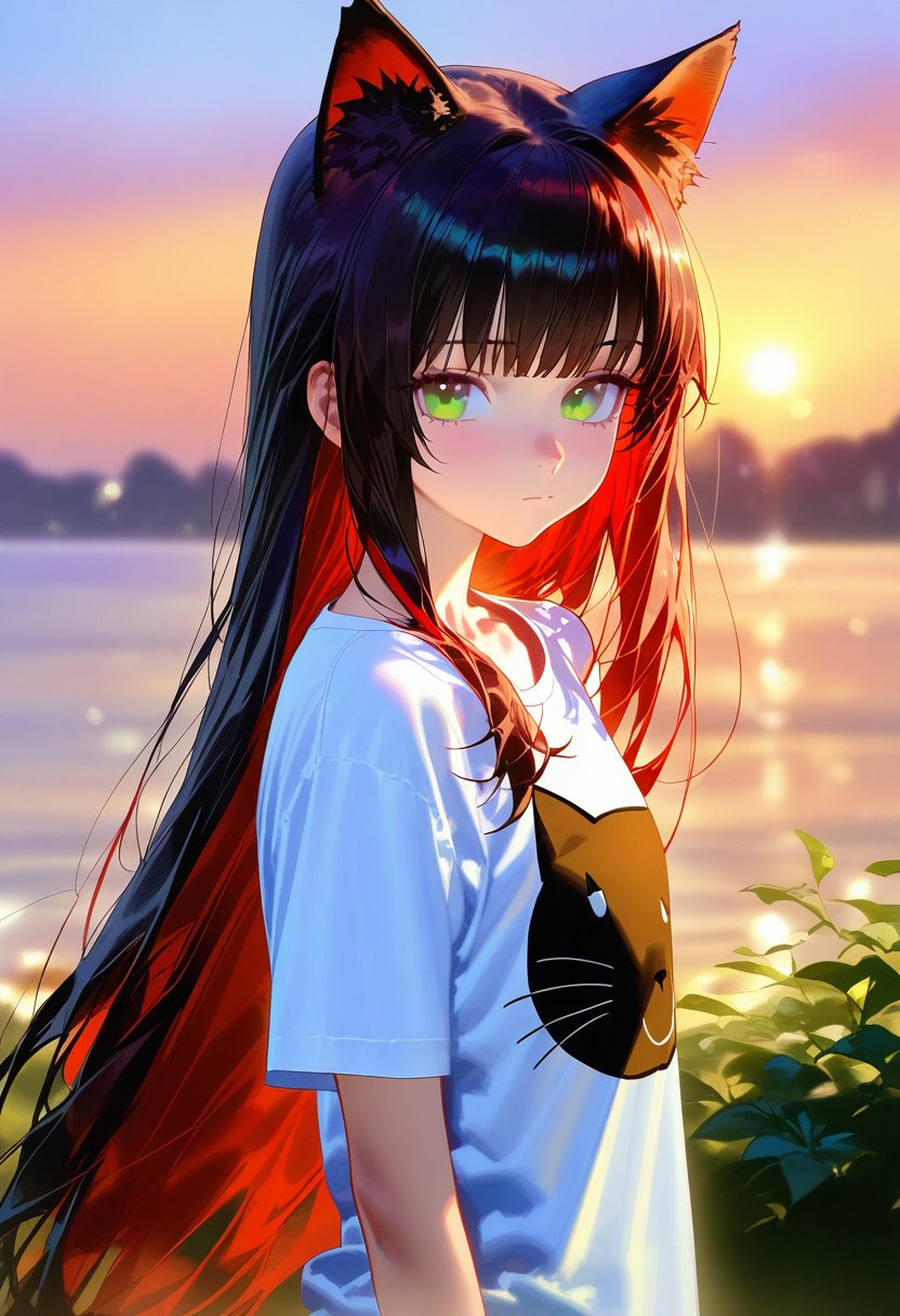 masterpiece, best quality, <lora:WHM 0.2v:1>, WHM,1girl, solo, animal ears, black hair, long hair, shirt, green eyes, looking at viewer, white shirt, colored inner hair, red hair, multicolored hair, upper body, cat ears, short sleeves, bangs, two-tone hair, closed mouth, blurry background, blurry, outdoors, animal ear fluff, t-shirt, cat print, very long hair, collarbone, animal print, print shirt, sky, evening, lens flare, from side,