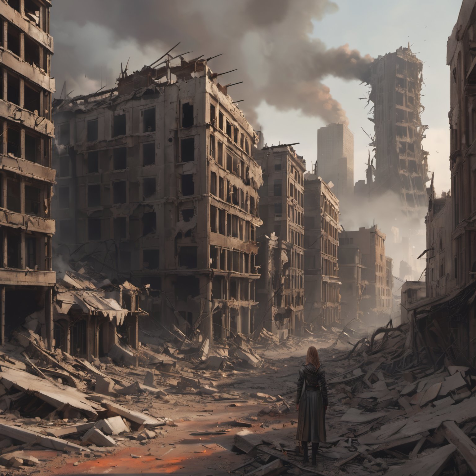 detailed anime art of a destroyed city after nuclear blast, post apocalyptic, intricate, elegant, highly detailed, digital painting, artstation, concept art, smooth, sharp focus, illustration, art by wlop, charlie bowater and alexandra fomina