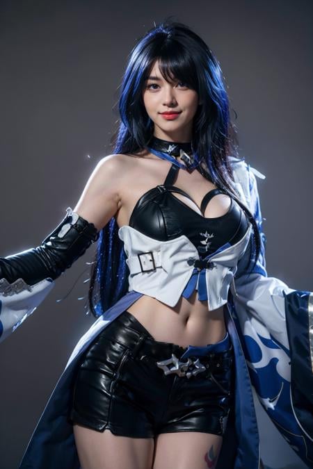 best quality, masterpiece, realistic, photorealistic, 1girl, solo, looking at viewer, smile, standing, cowboy shot, acheron cosplay costume, acheron, cosplay, blue hair, very long hair, hair over one eye, shirt, asymmetrical clothes, singel sleeves, shorts, crop top, belt, tattoo, gloves, singel elbow glove, large breasts, breasts, cleavage, grey background, <lora:Honkai_StarRail_Acheron_costplay_costume_v1:0.65>