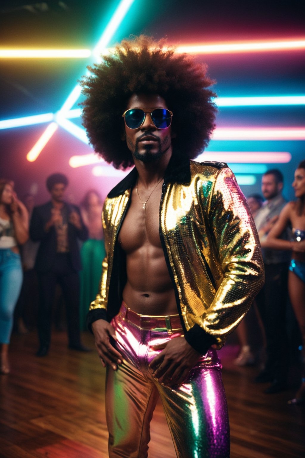 1 man, full body shot, disco, (80s, retro:1.1), dance floor, lasers, rainbow theme, a dancer man, 30 years old, sunglasses, big afro, (manly, wide jaw:1.2), dark skin, sparkly jacket, golden shirt, (vibrant colors:0.9), film grain, bokeh, fashion magazine, hdr, highly detailed photography, (muted colors, cinematic, dim colors, soothing tones:1.2), vibrant, insanely detailed, hyperdetailed, (dark shot:1.2), (vsco:0.3), (intricate details:0.9), (hdr, hyperdetailed:1.2), dancing, (smirk:0.7), disco pants, realistic, masterpiece, intricate details, detailed background, dynamic pose, RAW photo, dreamy soft focus, detailed photo, gorgeous, shallow depth of field, bokeh, volumetric lighting, iridescent skin, (surreal:0.4), hyper detailed photorealistic life-like accurate proportional 8k sharp focus, (accurate cinematic lighting), photorealistic detail