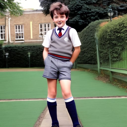 A young British schoolboy in a traditional grey school uniform, with shorts and knee-high socks.  <lora:School Uniforms:0.85>