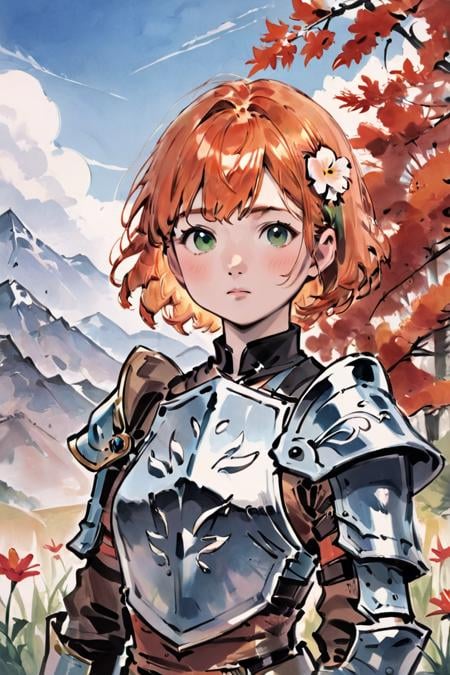 score_9, score_8_up, score_7_up, score_6_up, score_5_up, score_4_up, rating_safe, 1girl, outdoors, armor, solo, green eyes, mountain, orange hair, looking at viewer, shoulder armor, short hair, breastplate, upper body, day, sky, closed mouth, flower, blush, pauldrons, mountainous horizon, bangs, blue sky, grass <lora:Ink Style LoRA XL:1>