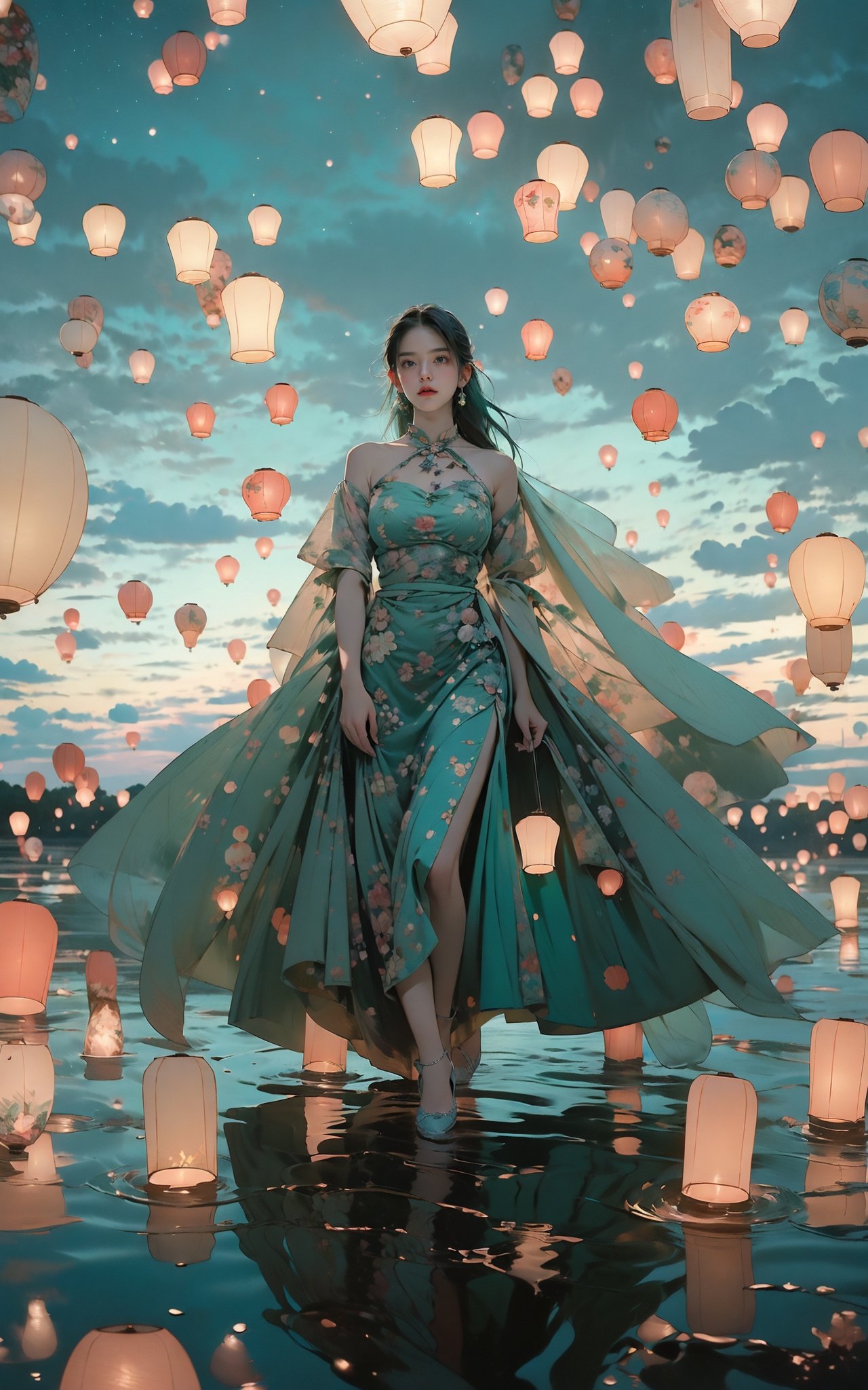 sky lantern，masterpiece, best quality, 32k uhd, insane details, intricate details, hyperdetailed, hyper quality, high detail, ultra detailed, Masterpiece, (Real water，Realistic water，flowing water:1.1)，ripples，(Emerald green sky:1.4),Wedding dress, veil, gown gloves, gloves,A whimsical sight of paper lanterns floating against the twilight sky, captured in a wide view by Tim Walker.    The lanterns cast a warm glow, creating a dreamlike tableau that melds tradition with beauty, i can't believe how beautiful this is, dream-like atmosphere，<lora:绪儿-孔明灯 sky lantern:0.8>