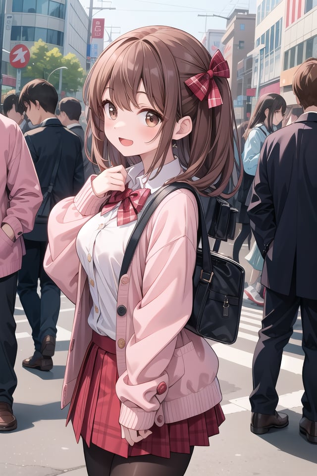 insanely detailed, absurdres, ultra-highres, ultra-detailed, best quality,1girl, solo, nice hands, perfect handsBREAK(School Uniforms:1.2), (pink cardigan is fit body:1.4), ((do up a buttons, not loose):1.5), ((long sleeve, sleeves past wrists):1.2), (inner wear is white collared-shirt:1.3), (red plaid-pattern bow:1.3), (red plaid-pattern pleated skirt:1.3), ((dark-brown pantyhose, loafers):1.2)BREAKhappy smile, laugh, open mouth, standing,from side,cute pose, cowboy shotBREAKslender, kawaii, perfect symmetrical face, ultra cute girl, ultra cute face, ultra detailed eyes, ultra detailed hair, ultra cute, ultra beautifulBREAKin harajuku, shibuya, tokyo, street, crowd, cityscapeBREAKmedium large breasts,(brown hair, brown eyes), hime cut