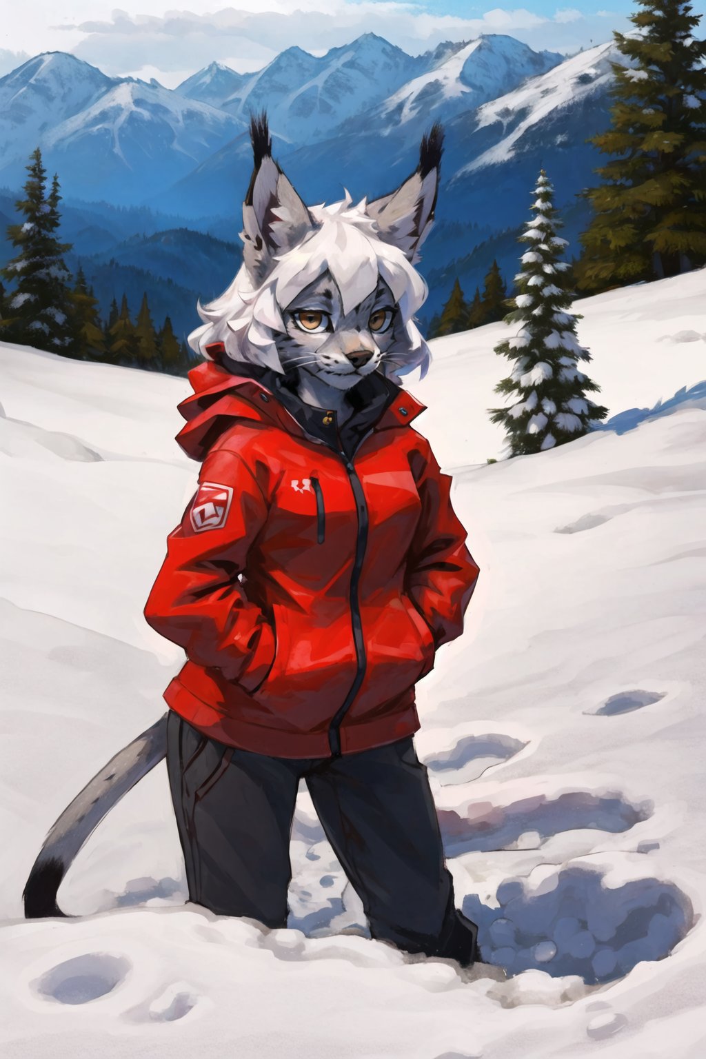 masterpiece, best quality,canadalynx, lynx, shanmao, sheli,looking at viewer, furry girl,white hair,long hair,red alpine jacket,snow,outdoors<lora:Lynx:0.5>