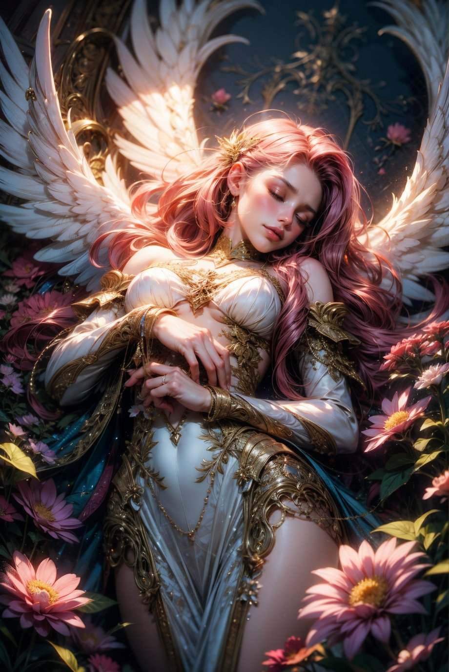 a women sleeping, closed eyes, slight smile, cute, magical, pink hair, flowers, long flowy hair, fantasy, sleeping, creatures, angel wings