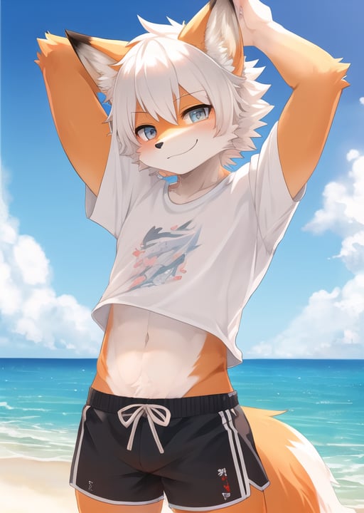 adult solo,kemono fox, short white hair, shorts, shirt, smirk,beach clothes, extreme detail, masterpiece, hi res, high detail, detailed eyes, detailed hands, full body picture, beach background