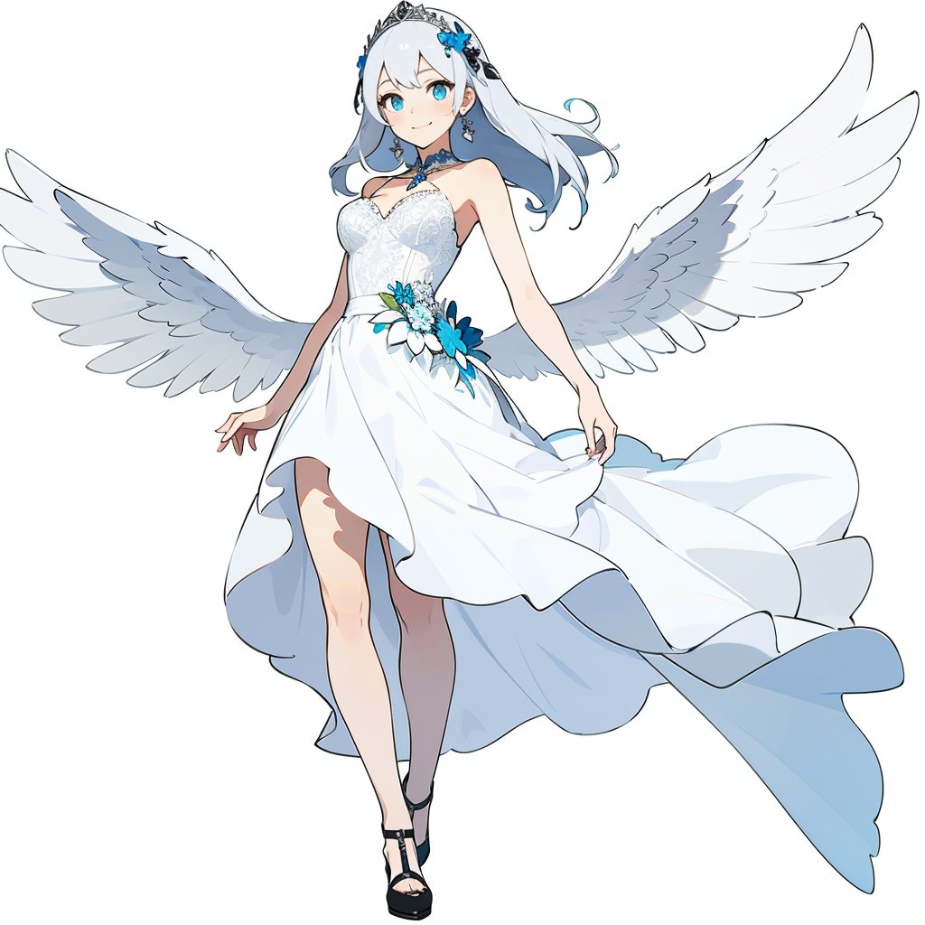 (masterpiece, best quality,top quality),(white background:1.5),(full body),1girl,solo,long hair,silver hair,wedding_dress,smile,hair ornament,looking at viewer,standing,outdoors,mini_wings,magic rings,park,<lora:Celluloid_flat_mix_v2:0.8>,