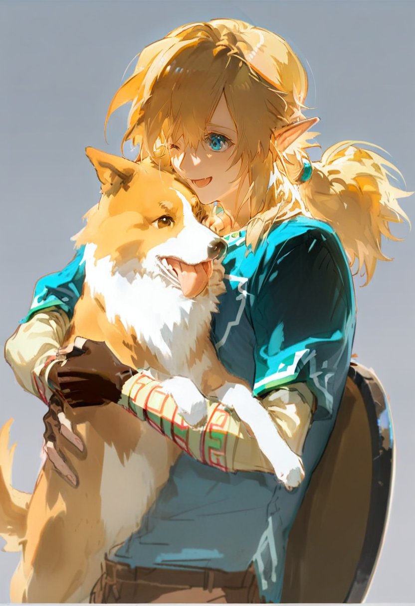 masterpiece, best quality, <lora:REDUMXLANI31lokrV53P1-000121:0.95>  1boy, link, blonde hair, dog, gloves, male focus, pointy ears, fingerless gloves, one eye closed, animal, open mouth, upper body, blue eyes, smile, bangs, tongue, layered sleeves, holding, short over long sleeves, long sleeves, brown gloves, ponytail, hair between eyes, shirt, sidelocks, simple background, grey background, ;d, holding animal, shield, hug, medium hair, low ponytail, black gloves, licking another's face, blue shirt