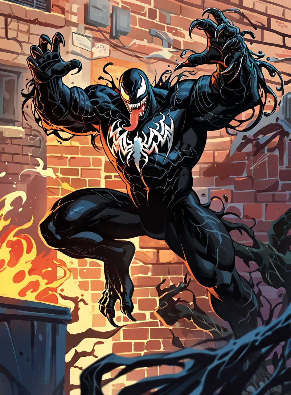 score_9, score_8_up, score_7_up, 1man <lora:classcompxl:0.9>, classcompxl, vibrant color, venom clinging to wall, black costume, tongue out, marvel, muscular, claws, dark alley, brick wall, bio-organic suit, 