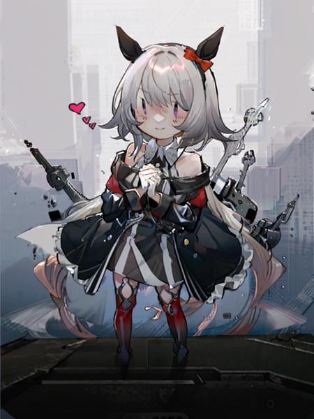 fairy \(kancolle\), curren chan \(umamusume\), 1girl, solo, heart hands, boots, gloves, white gloves, full body, dress, heart, looking at viewer, thighhighs, red thighhighs, simple background, off-shoulder jacket, smile, bare shoulders, black footwear, striped, off shoulder, knee boots, long sleeves, red bow, bow, vertical-striped dress, grey background, striped dress, white background, blush, ear covers, closed mouth, bangs, ear bow, collared dress, black jacket, standing, original, intricate detail, illustration, masterpiece, extremely detailed CG unity 8k wallpaper, highlight, sharpening, dynamic, <lora:Fairy-3:1>, <lora:CurrenChan-3:1>