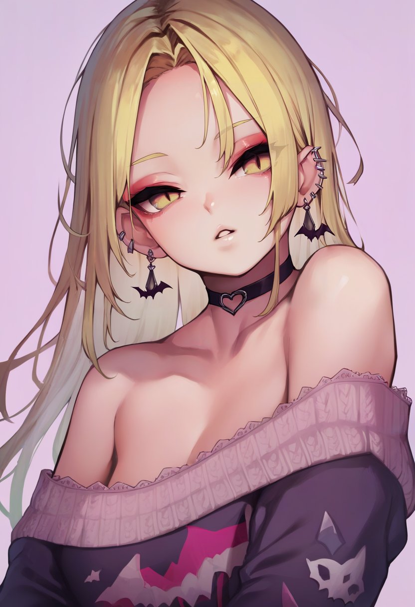 score_9, score_8_up, score_7_up, score_6_up, <lora:michikingXL_P6_lokr_V4236:1>  1girl, bat hair ornament, solo, choker, long hair, makeup, blonde hair, eyeshadow, yellow eyes, looking at viewer, hair ornament, pink background, black choker, earrings, jewelry, off shoulder, parted lips, collarbone, parted bangs, simple background, bangs, eyeliner, bare shoulders, piercing, upper body, mascara, forehead, lace trim, ear piercing, off-shoulder shirt, shirt, virtual youtuber, off-shoulder sweater, sweater