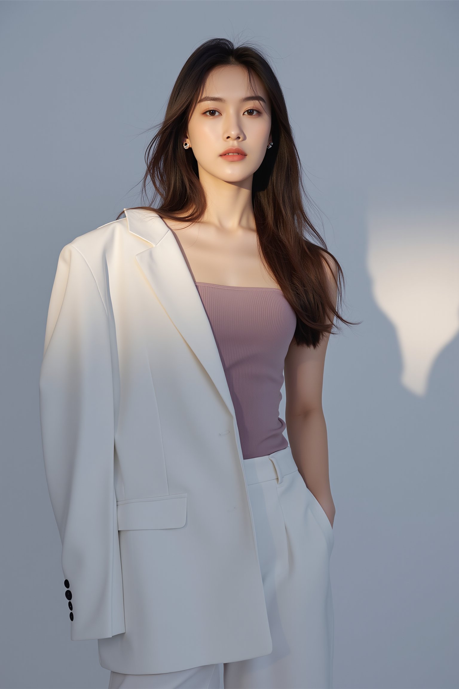 tianhai girl, photograph, young woman with long dark hair, wearing a light purple off-shoulder top and white blazer, standing against a gray background, soft lighting casting a shadow on her shoulder, neutral expression, modern and stylish appearance.<lora:光影人像v2.0:0.8>