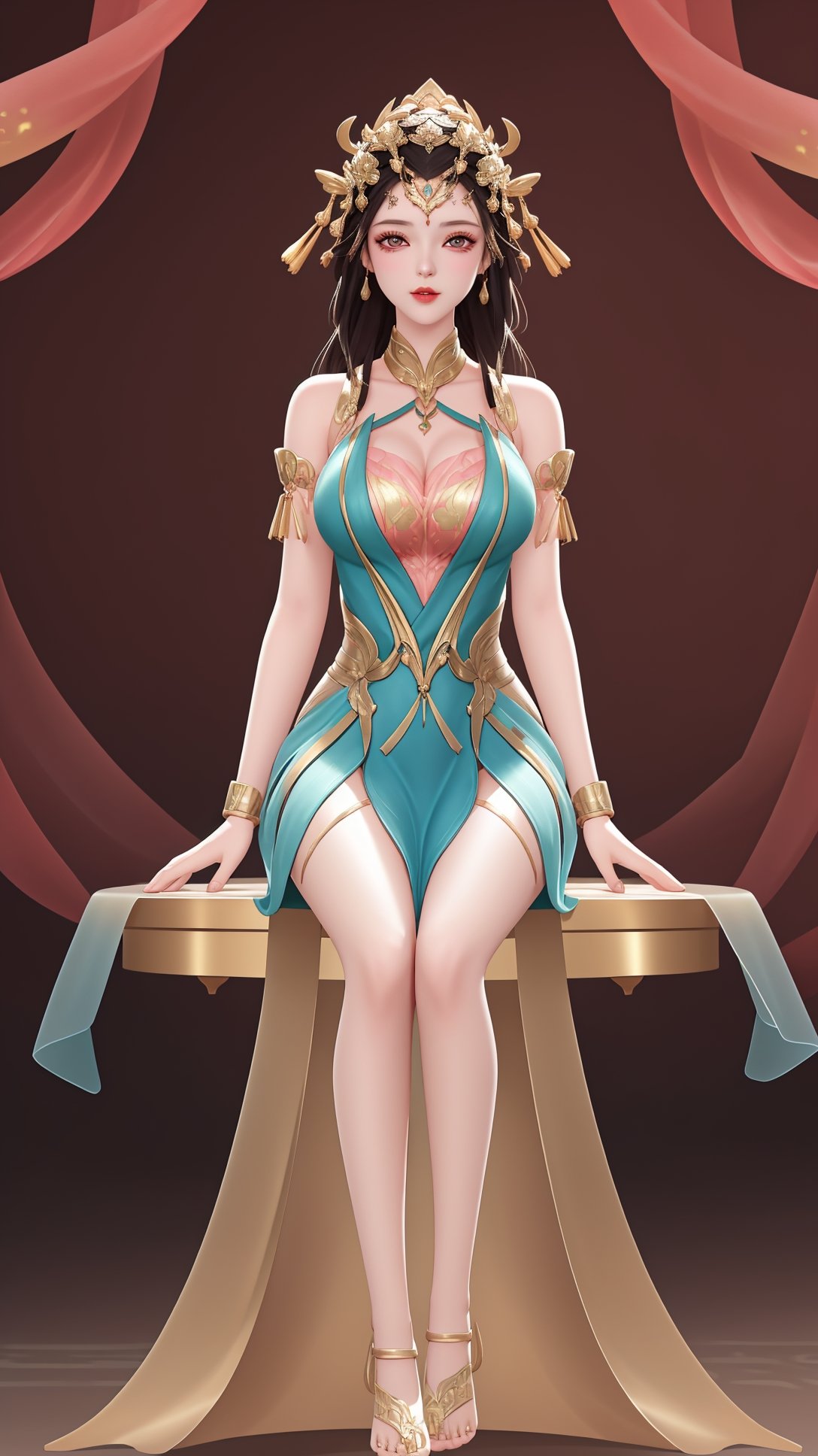 (1girl),smooth chin,masterpiece,detailed face,((hair ornament:1.2)),top quality,4k,make up,best quality,large breasts,(looking at viewer),red ribbon,dress,arms behind back,shawl,detached sleeves,forehead mark,golden hair ornament,<lora:王者 杨玉环 原皮_v1.1:0.7>,legs,on street,full body,sitting on table,