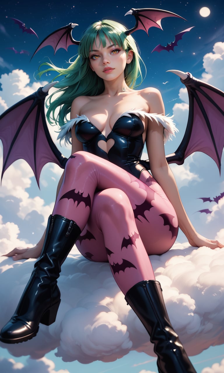 score_9, score_8_up, score_7_up, Morrigan Aensland, green hair, floating hair, sitting over a cloud, crossed legs, bat wings, pink tights with bat prints, black boots, starry sky, detailed, seductive, innocent, (depth of field), (fine textures details)