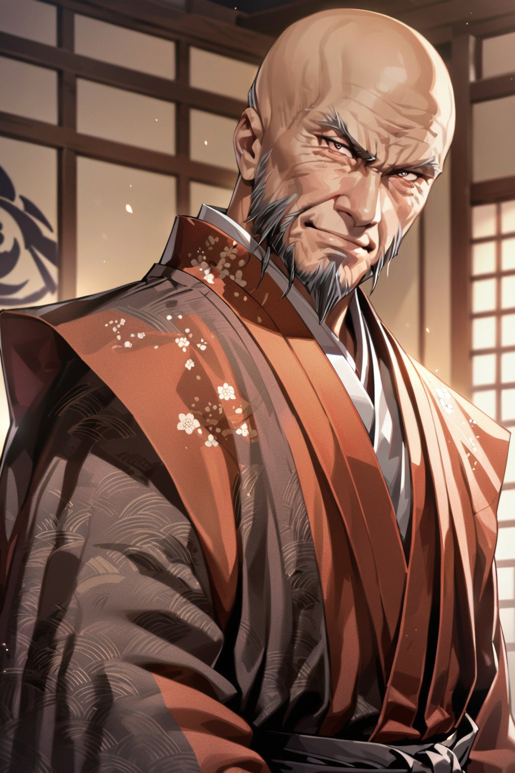 cowboy shot, (((smile))), saitou dousan, samurai, 1man, solo, japanese, male, kimono, bald hair, old man, beard, kataginuhanhakama,(masterpiece, high-quality, breathtaking, highres, ultra detailed), (expressive eyes, perfect face) <lora:saitou dousan 526:1>