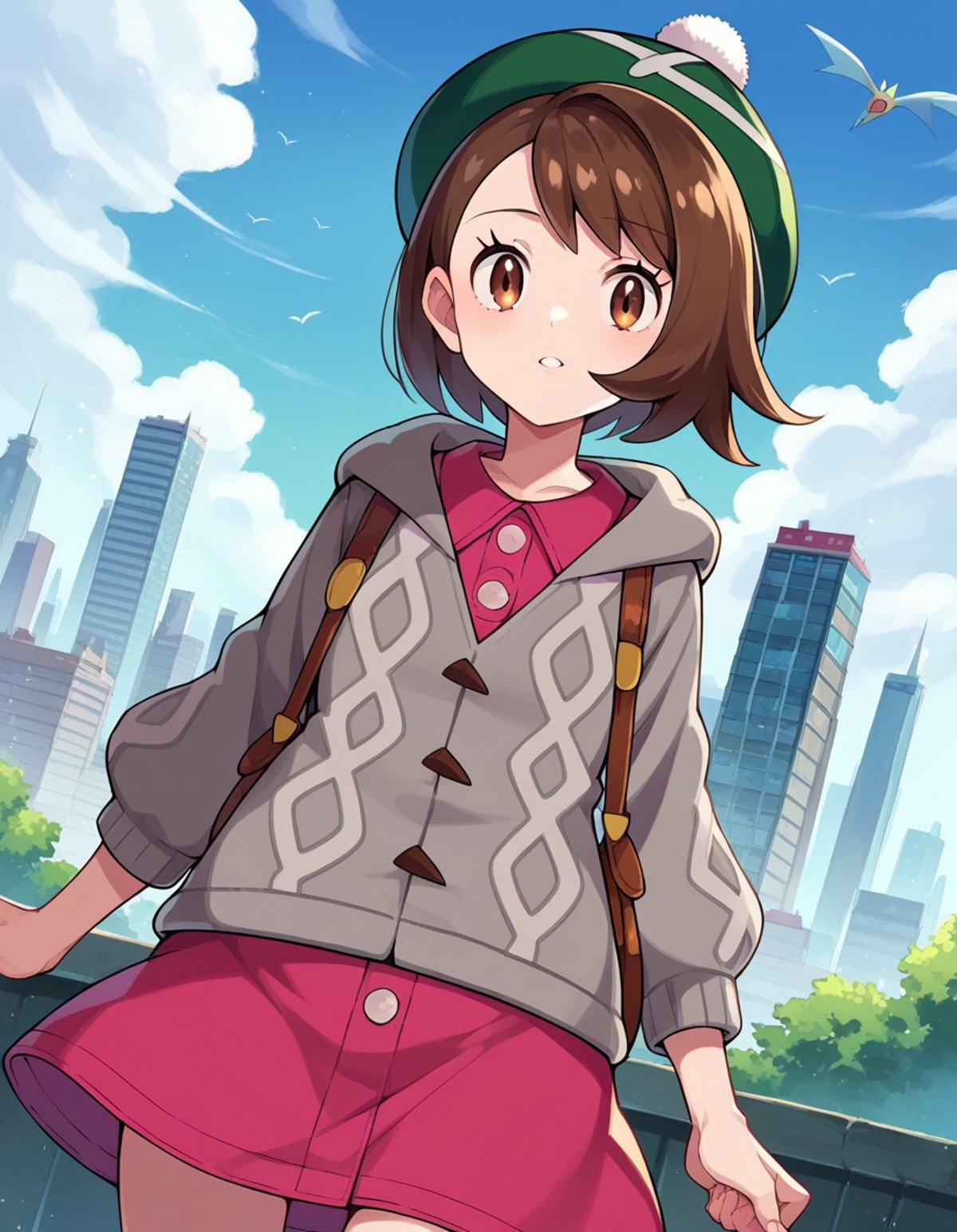 score_9, score_8_up, score_7_up, source_anime,pokemongloria, <lora:pokemon-gloria-ponyxl-lora-nochekaiser:1>pokemongloria, brown eyes, brown hair, medium hair,cardigan, dress, green headwear, grey cardigan, hood, hood down, hooded cardigan, long sleeves, pink dress, short dress,outdoors, cityscape,looking at viewer, cowboy shot, dutch angle,