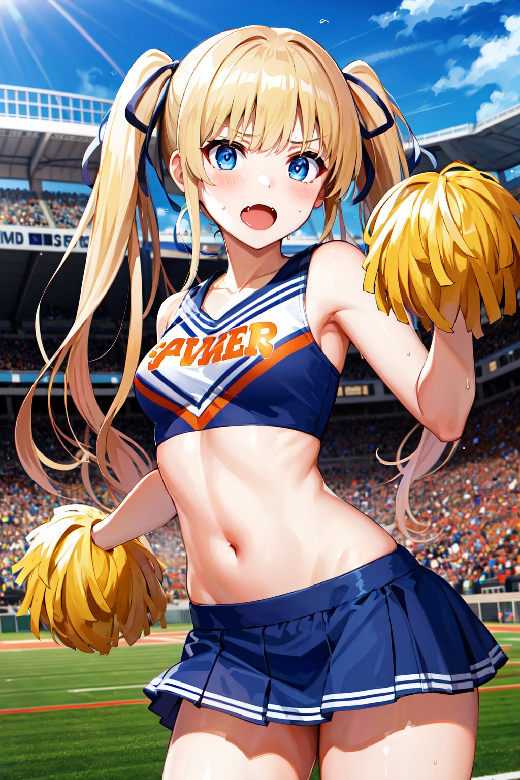 masterpiece, best quality, highres, aaeriri, long hair, twintails, hair ribbon, fang, <lora:sawamura_spencer_eriri_v1:0.7>,  cheerleader, pom pom \(cheerleading\), midriff, stadium, sweatdrop, cowboy shot, 