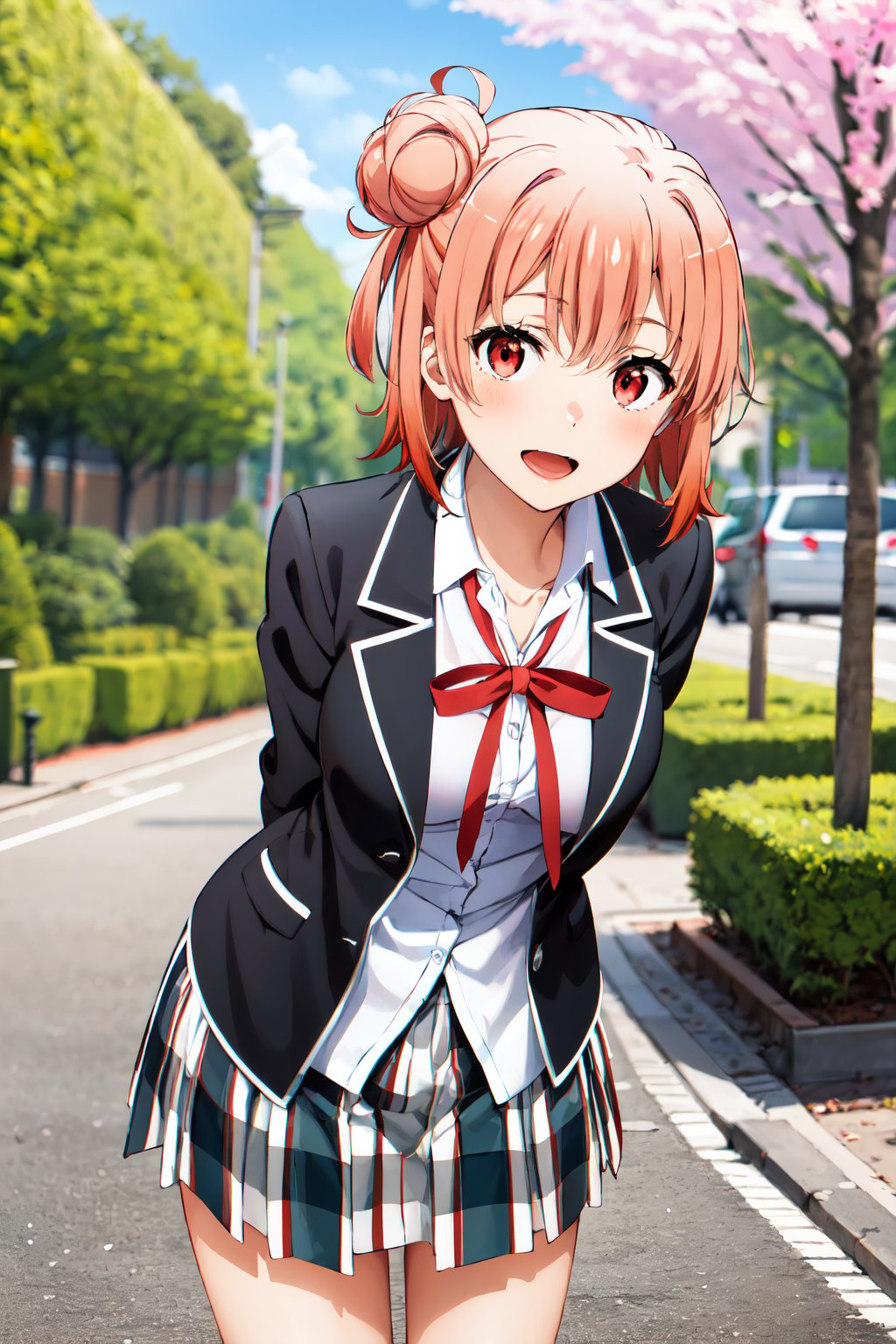 masterpiece, best quality, highres, aayui, short hair, single hair bun, red eyes, breasts, collarbone, neck ribbon, white shirt, dress shirt, blazer, black jacket, open jacket, long sleeves, plaid skirt, <lora:yuigahama_yui_v1:0.7>, smile, open mouth, standing, cowboy shot, leaning forward, arms behind back, outdoors, cherry blossoms, 