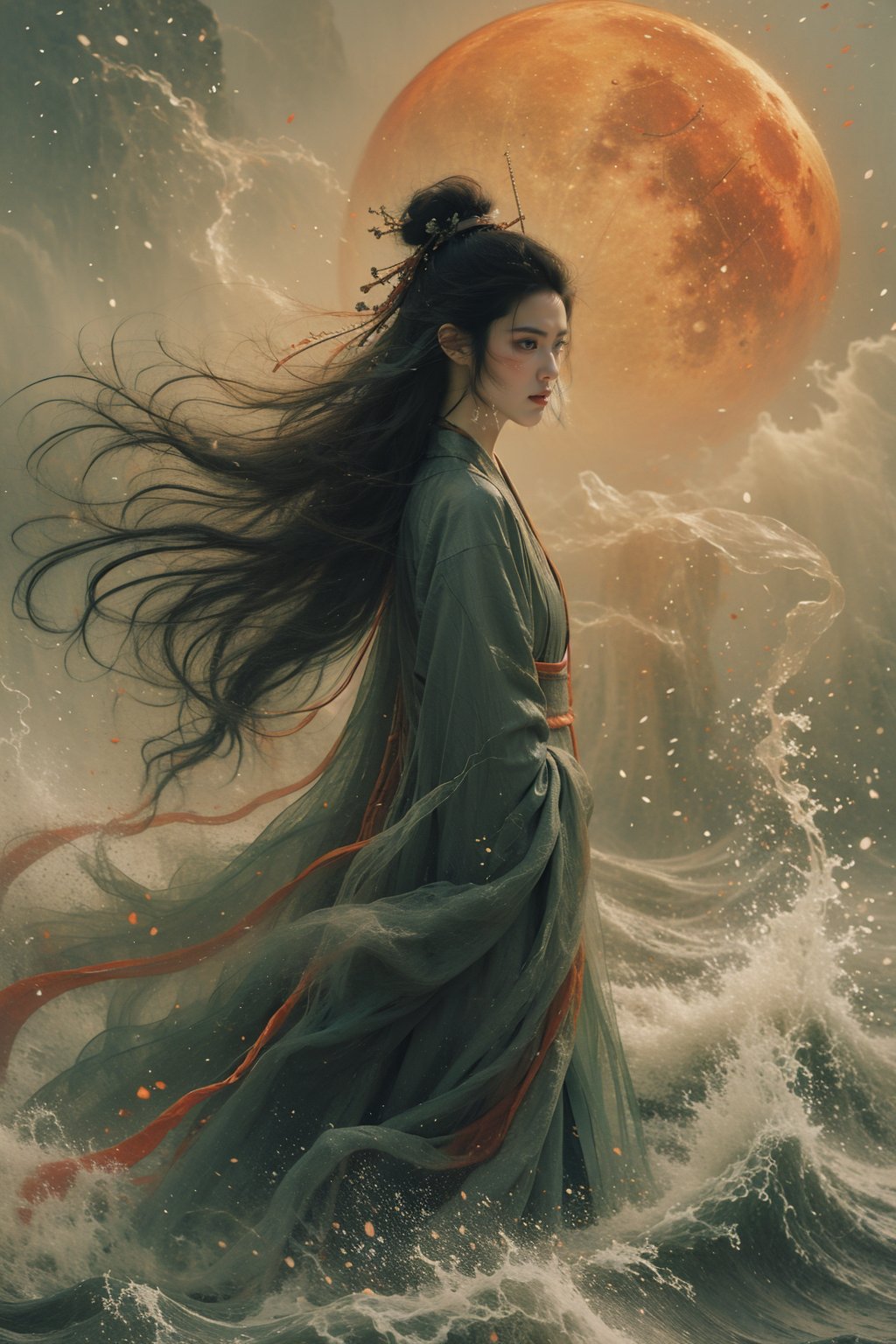 sdmai,jinghong,Chinese watercolor painting,Chinese style,splash-ink,sputtering,solo,long hair,chinese clothes,black hair,moon,hanfu,1girl,red moon,waves,hair bun,hair ornament,full moon,single hair bun,water,long sleeves,from side,robe,wind,<lora:SDMAI惊鸿jinghong:0.8>,