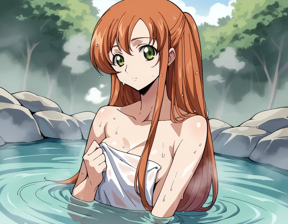 score_9, score_8_up, score_7_up, source_anime,shirleyfenette, <lora:shirley-fenette-s1-ponyxl-lora-nochekaiser:1>,shirley fenette, orange hair, green eyes, half updo, long hair,nude, naked, outdoors, onsen, towel, naked towel, steam, bathing, nude cover, partially submerged, water, bath, steam censor, wet towel,looking at viewer, dutch angle, cowboy shot, solo,