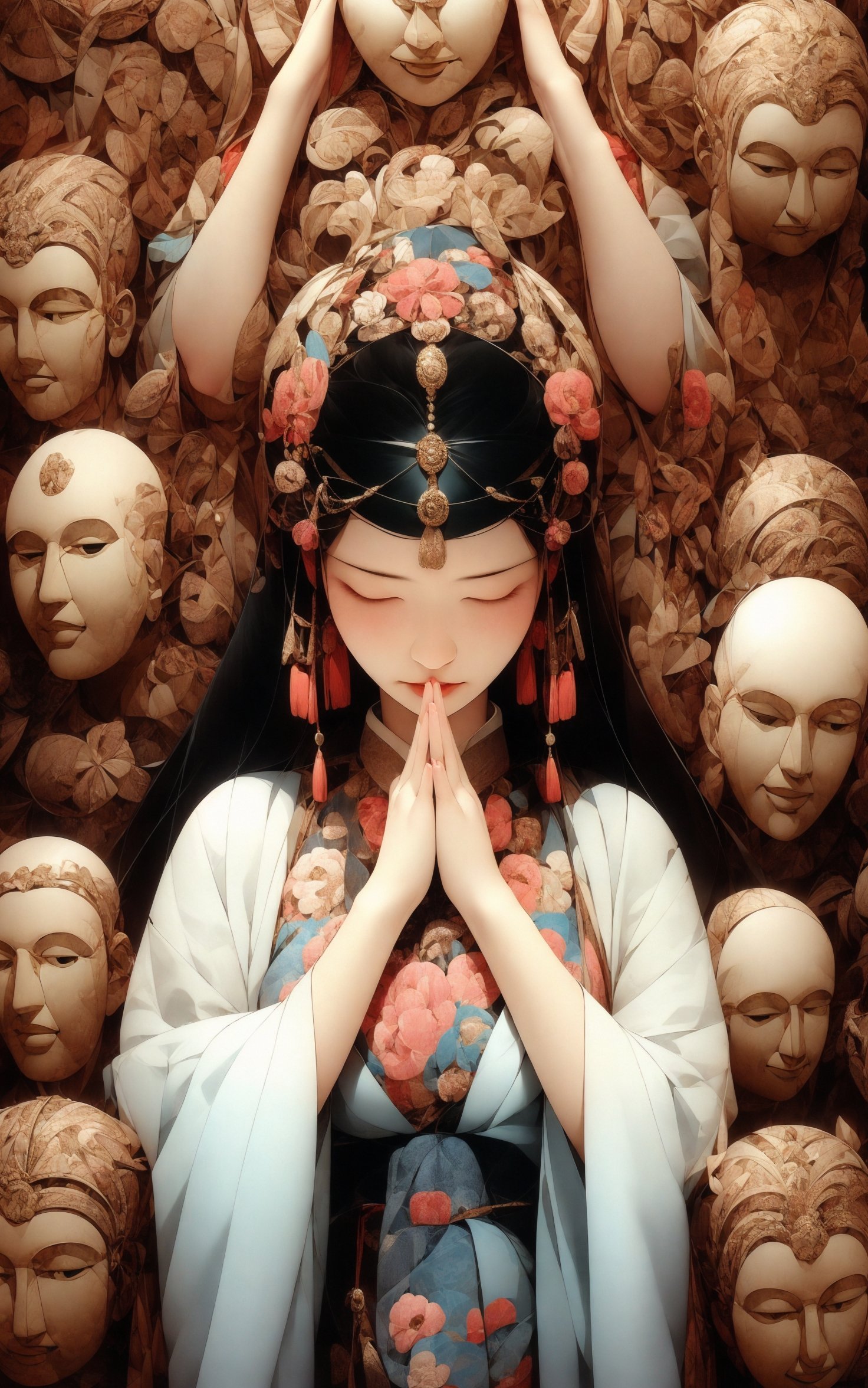 a woman meditating in front of lots of masks, in the style of zhang jingna, photomontage, hirohiko araki, oriental, sergio toppi, theatrical, poster art， <lora:绪儿已成精-佛:0.8>