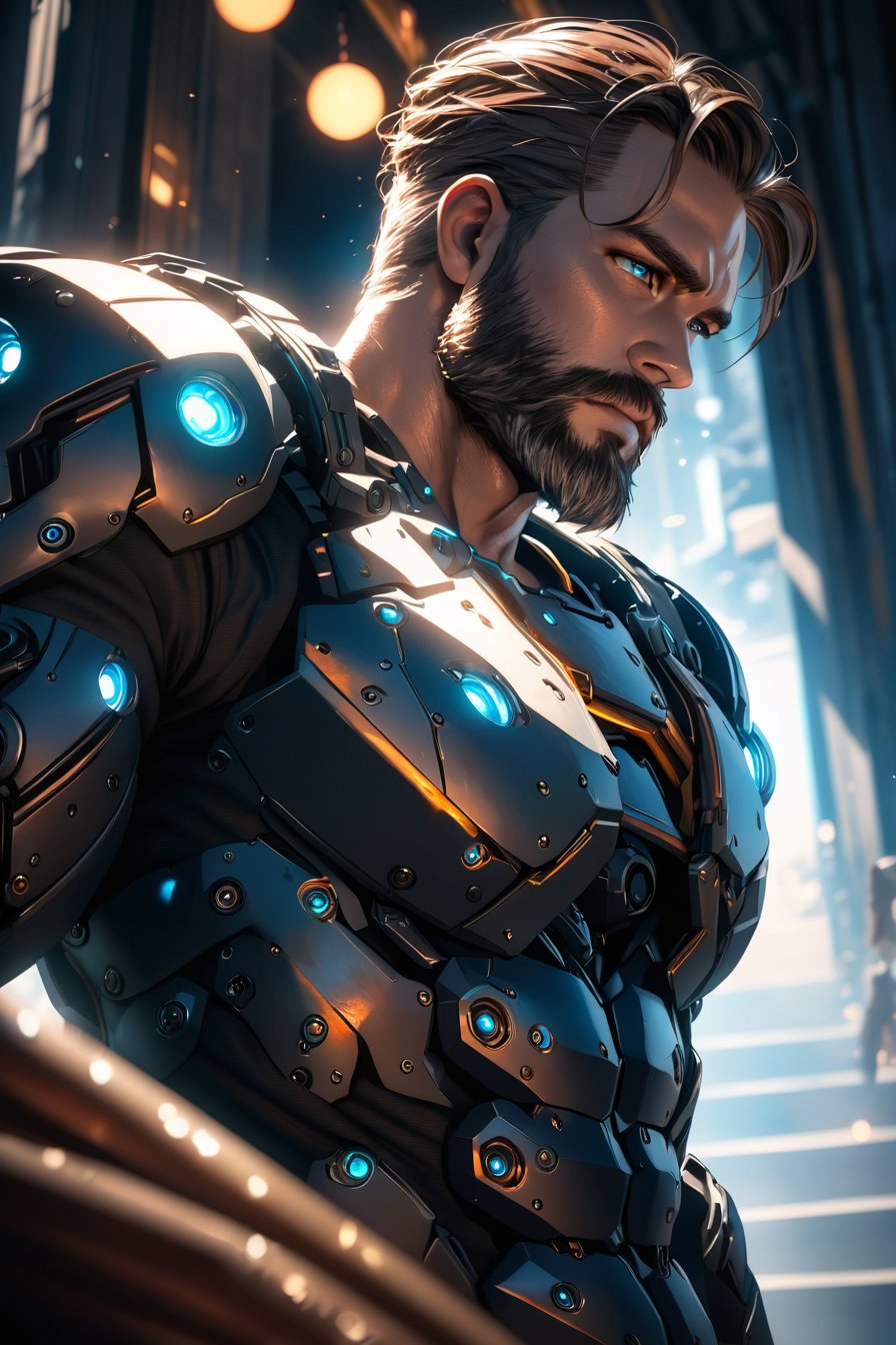 Portrait photo of muscular bearded guy in a worn mech suit, ((light bokeh)), intricate, (steel metal [rust]), elegant, sharp focus, photo by greg rutkowski, soft lighting, vibrant colors, (masterpiece), ((streets)), (detailed face:1.2), (glowing blue eyes:1.1) (Depth of field hdr 8k 4k wallpaper cinematic angle, cinematic lighting,:1.1) (masterpiece, best quality:1.75), (Depth of field hdr 8k 4k wallpaper cinematic angle, cinematic lighting,:1.5) (masterpiece, best quality:2.0)