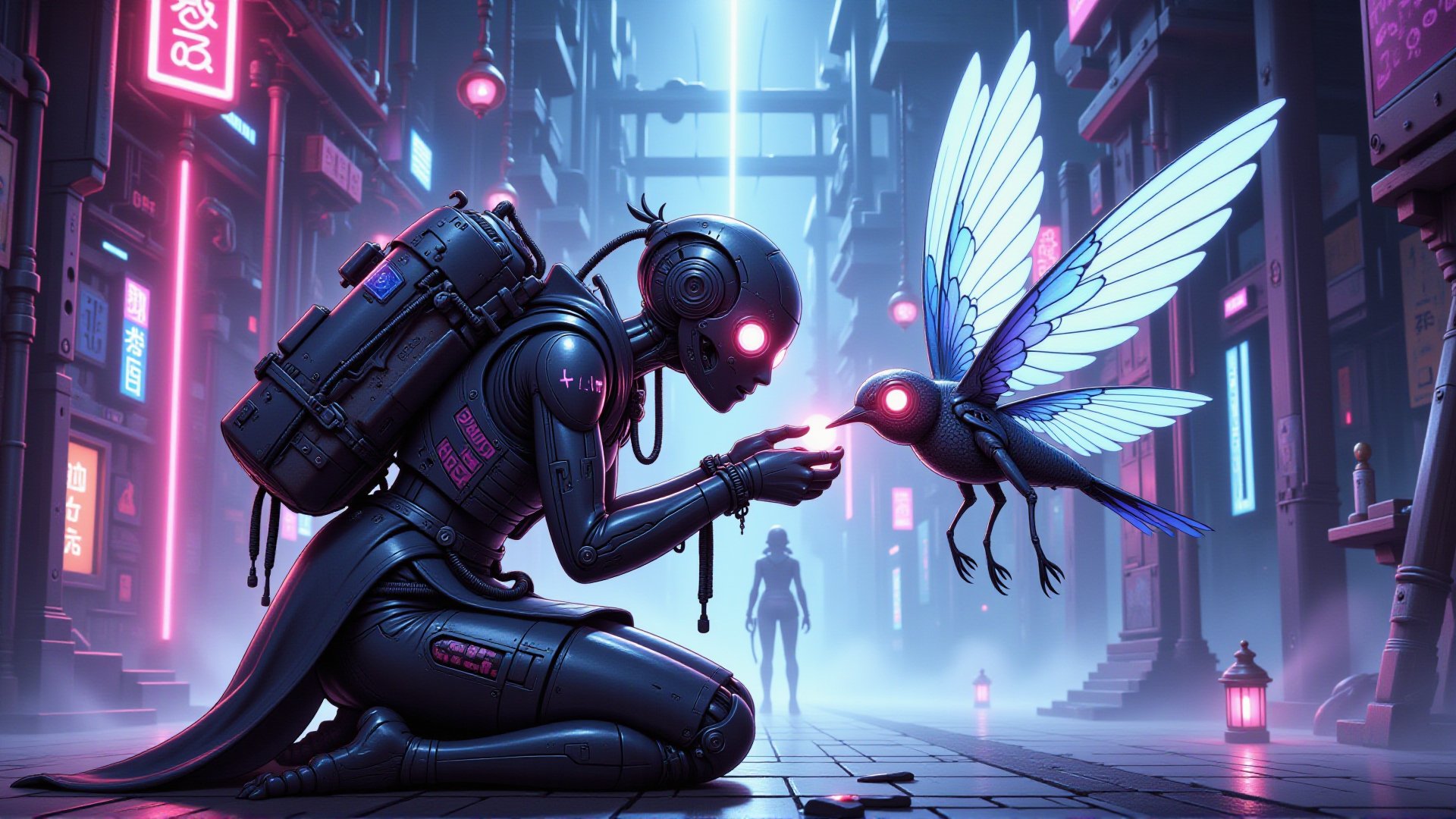 A cyborg kneeling amidst neon mist to repair her hummingbird drone.