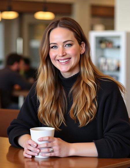 <lora:Jennifer_Lawrence_Flux:1> Realistic photo of 1girl, jenlawrence, wearing a sweater dress,  sitting in a cafe having a coffee, looking at the viewer smiling